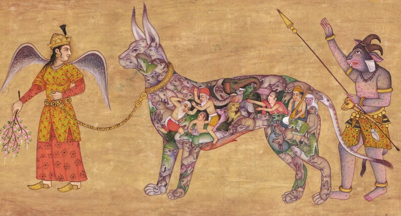 Indian Miniature Painting Of Angel With Demon Man Leading A Composite Goat Vintage Art On Paper | Indian Ancient Art Paintings For Wall Gift