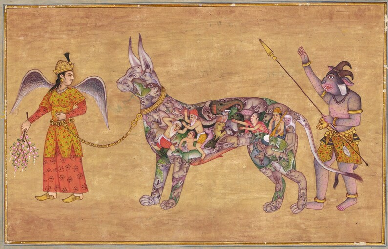 Indian Miniature Painting Of Angel With Demon Man Leading A Composite Goat Vintage Art On Paper | Indian Ancient Art Paintings For Wall Gift