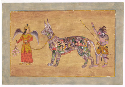 Indian Miniature Painting Of Angel With Demon Man Leading A Composite Goat Vintage Art On Paper | Indian Ancient Art Paintings For Wall Gift