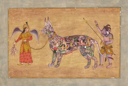 Indian Miniature Painting Of Angel With Demon Man Leading A Composite Goat Vintage Art On Paper | Indian Ancient Art Paintings For Wall Gift