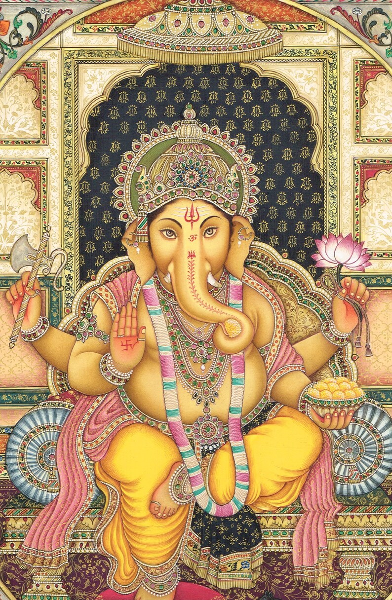 Handmade Lord Ganesha Painting: Hindu Art with Emerald & Ruby