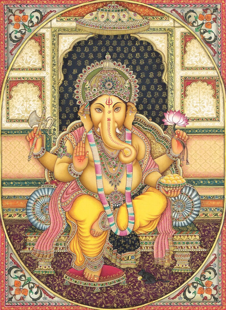 Handmade Lord Ganesha Painting: Hindu Art with Emerald & Ruby