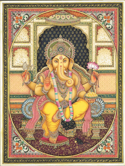 Handmade Lord Ganesha Painting: Hindu Art with Emerald & Ruby