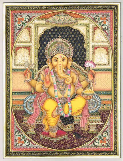 Handmade Lord Ganesha Painting: Hindu Art with Emerald & Ruby