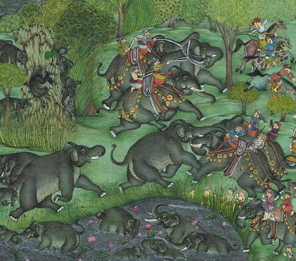 Vintage Indian Elephant Painting: Herd & Fight Scene, Stone Colors