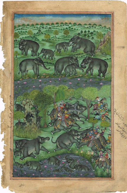 Vintage Indian Elephant Painting: Herd & Fight Scene, Stone Colors