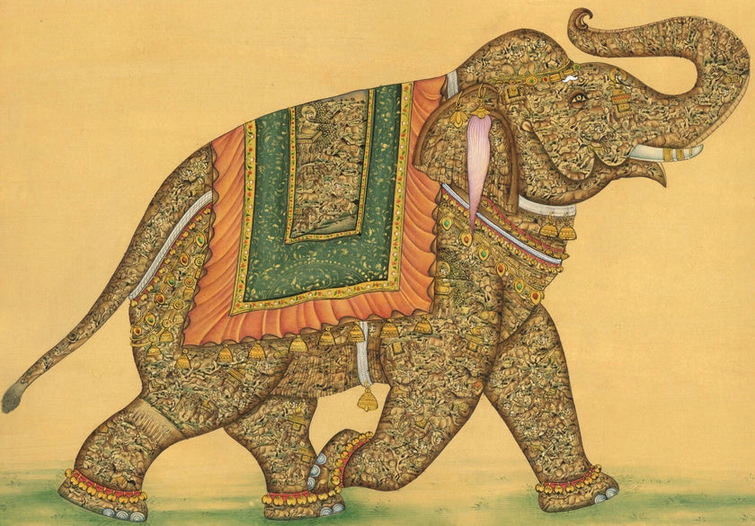 Indian Miniature Painting Of Elephant Fine Hunting Art In Elephant