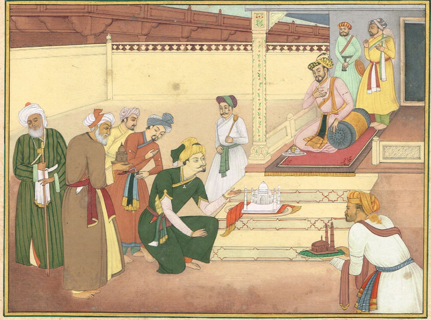 miniature painting Of Mughal Shah Jahan review architectural plans Of Taj Mahal