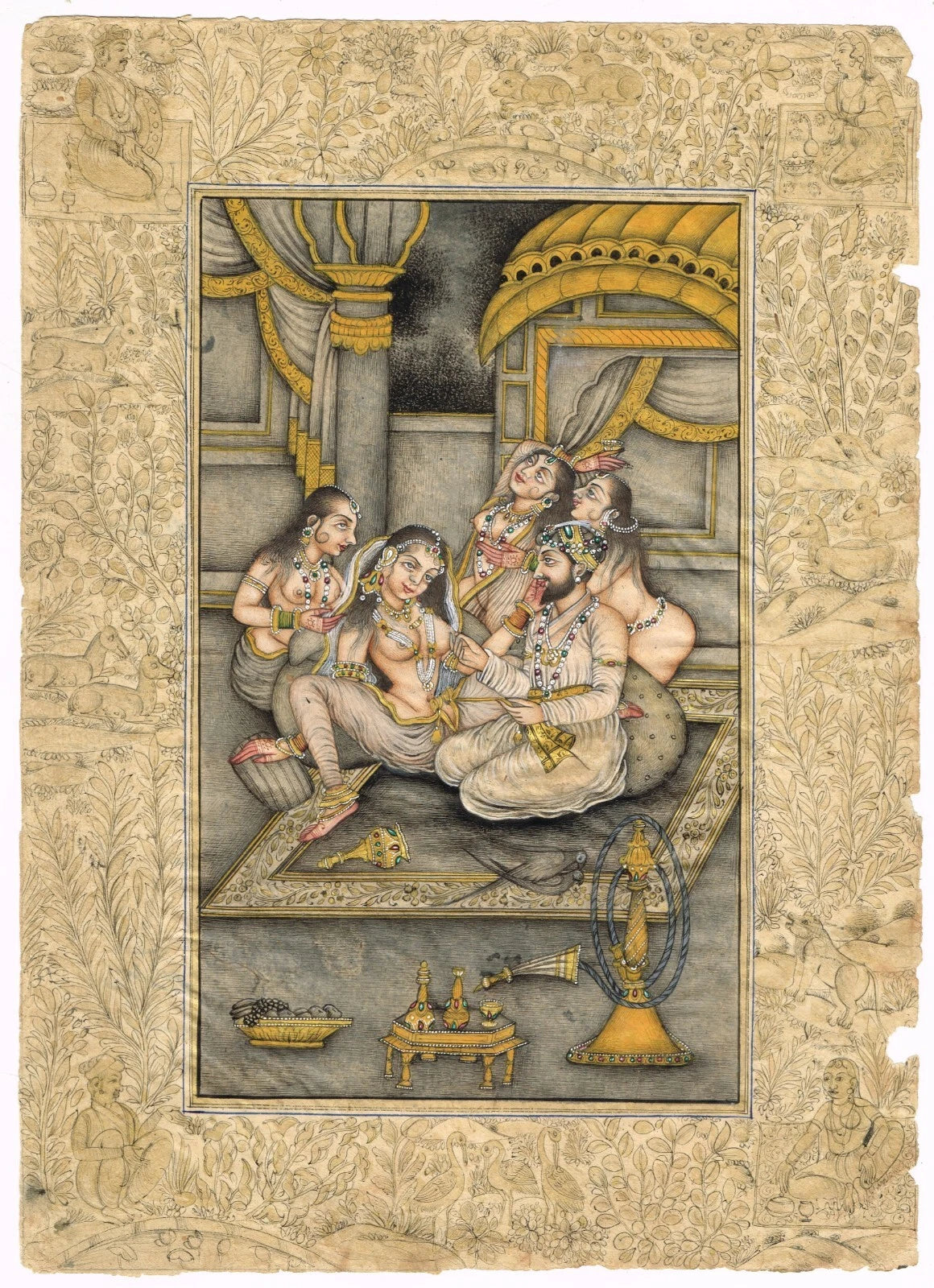 Hand Miniature Old Painting Of Mughal Harem Scene Art On Paper