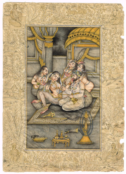 Hand Miniature Old Painting Of Mughal Harem Scene Art On Paper