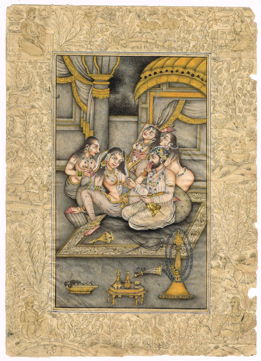 Hand Miniature Old Painting Of Mughal Harem Scene Art On Paper