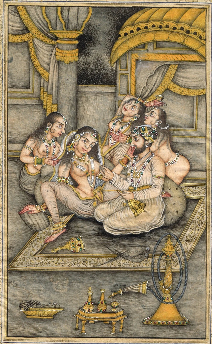Hand Miniature Old Painting Of Mughal Harem Scene Art On Paper
