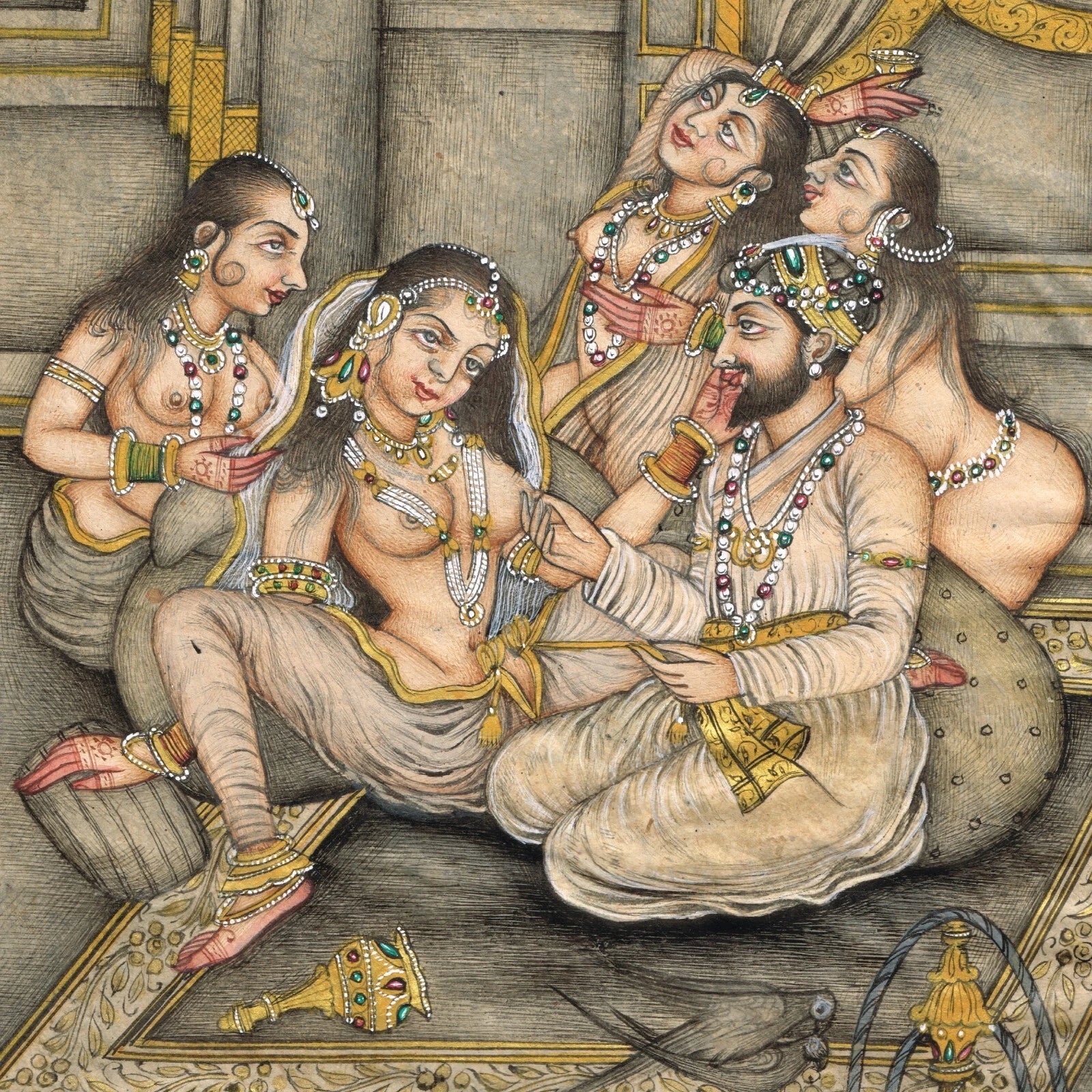 Hand Miniature Old Painting Of Mughal Harem Scene Art On Paper