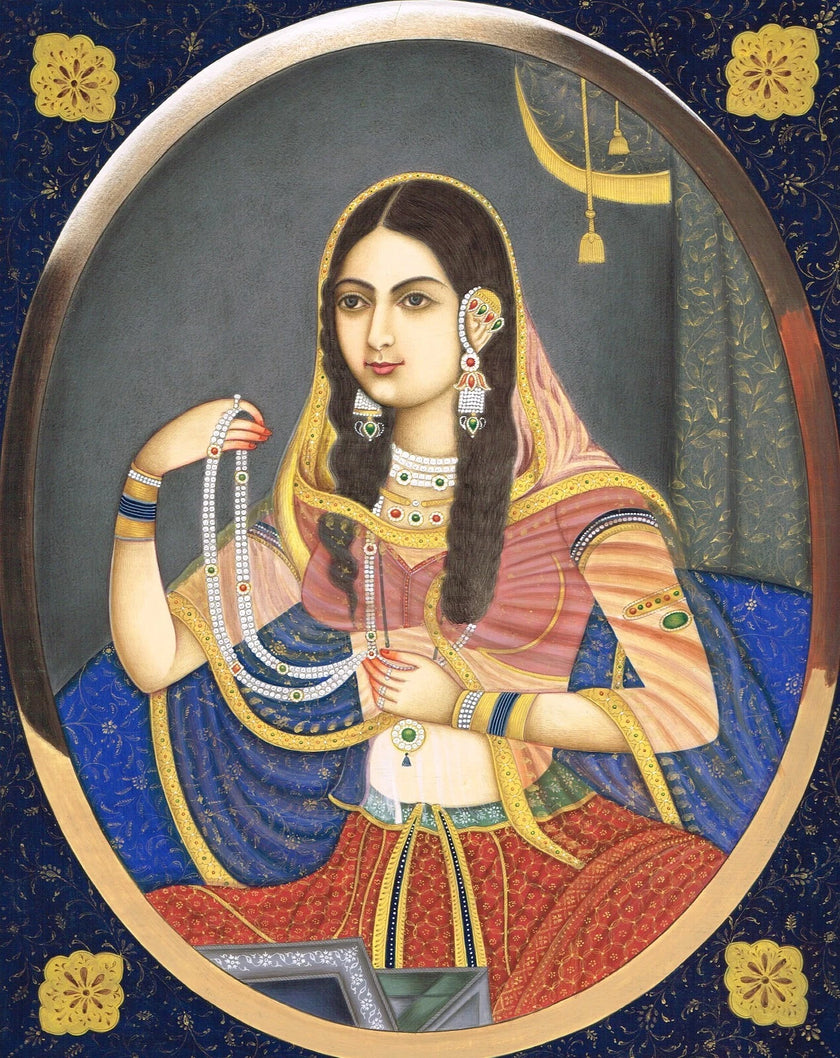 Jodha Bai Portrait Handmade Mughal Miniature Vintage Art On Paper