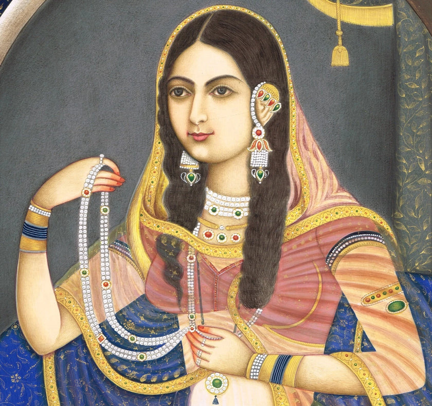 Jodha Bai Portrait Handmade Mughal Miniature Vintage Art On Paper