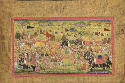 Indian Vintage Miniature Painting Of Mughal King Procession Art On Paper