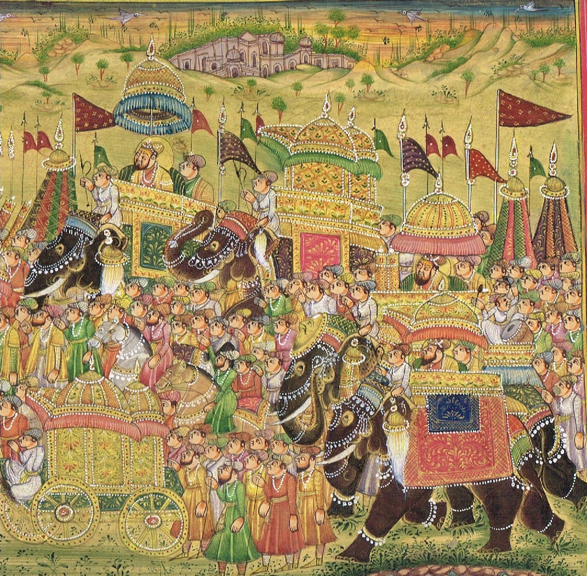 Indian Vintage Miniature Painting Of Mughal King Procession Art On Paper