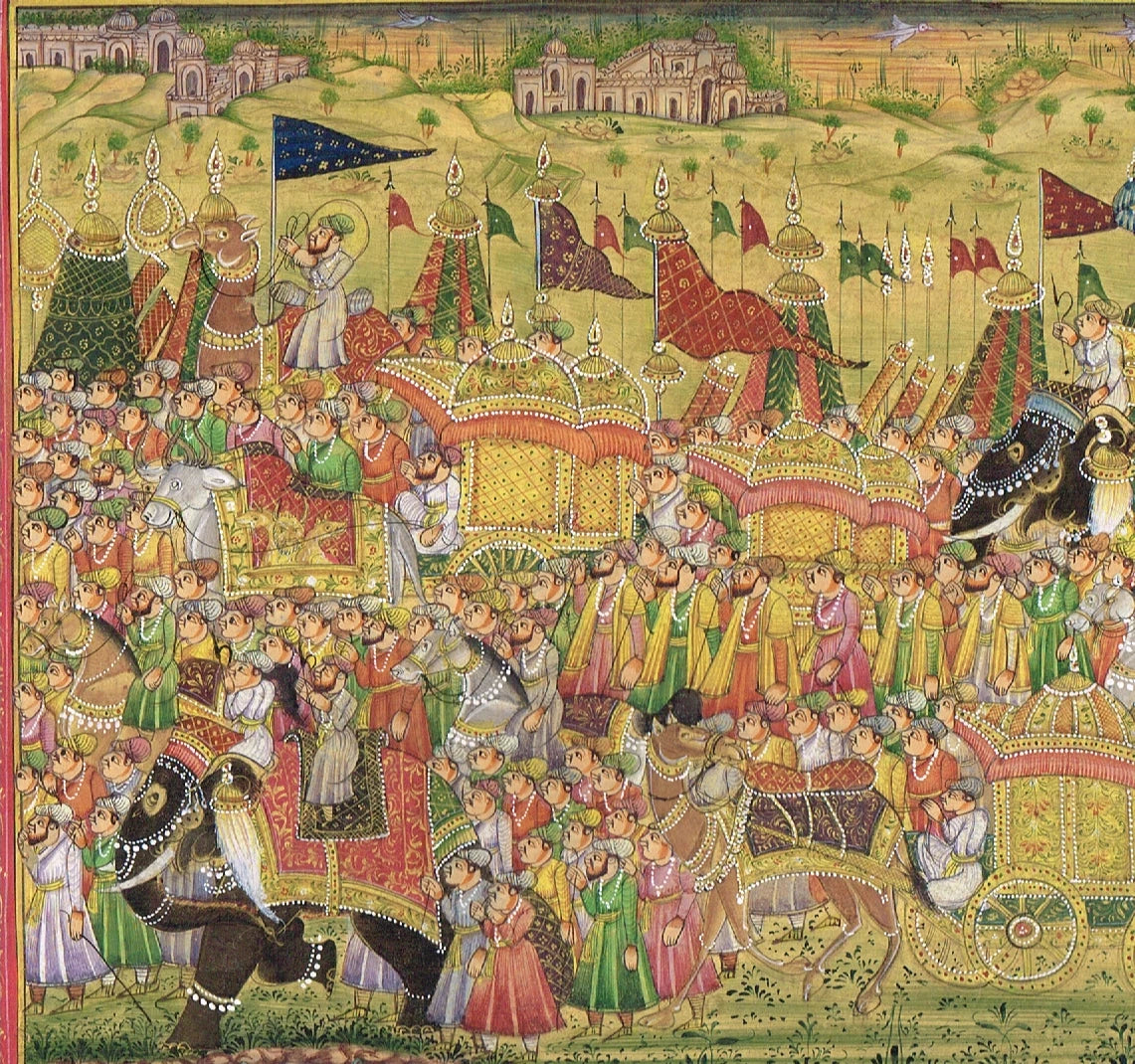 Indian Vintage Miniature Painting Of Mughal King Procession Art On Paper
