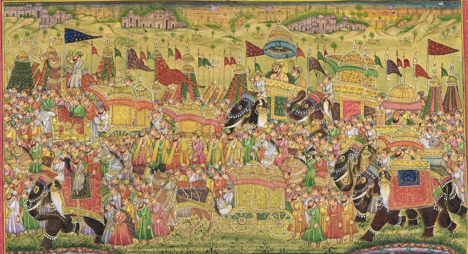 Indian Vintage Miniature Painting Of Mughal King Procession Art On Paper