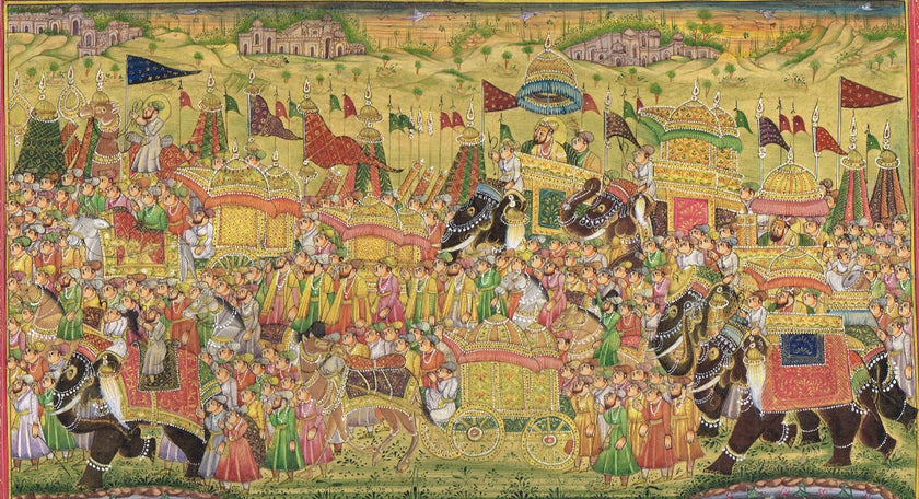 Indian Vintage Miniature Painting Of Mughal King Procession Art On Paper