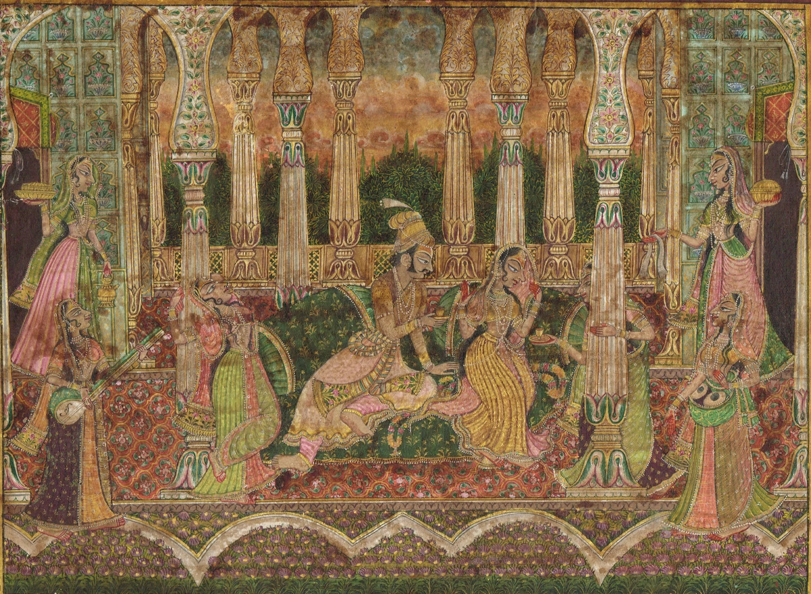 Indian Miniature Painting Of Love Scene Vintage Mewar Art On Paper