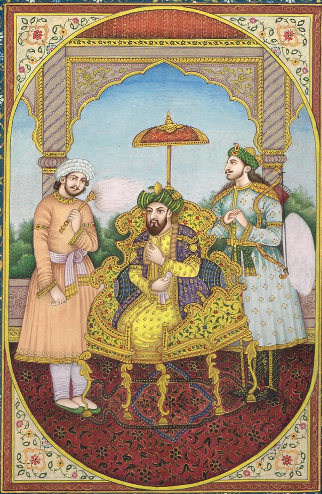 Indian Miniature Painting Of Mughal Emperor Humayun Court With Floral Border