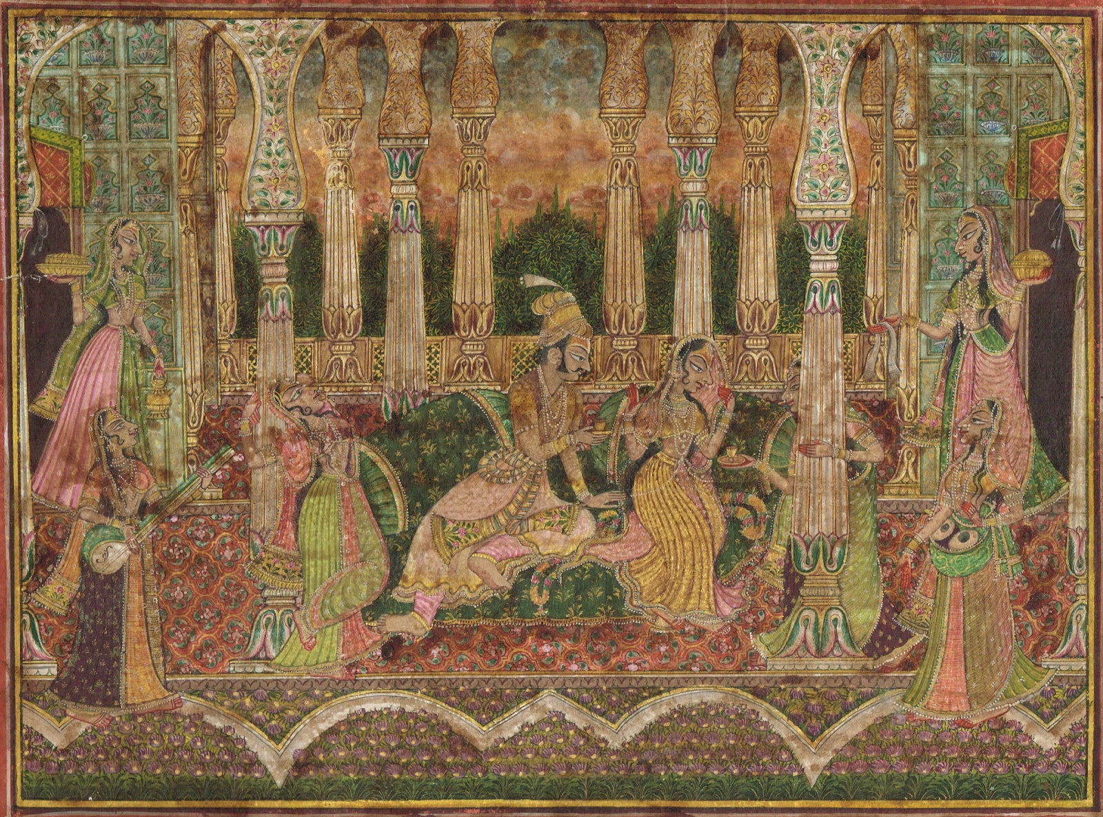 Indian Miniature Painting Of Love Scene Vintage Mewar Art On Paper