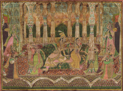 Indian Miniature Painting Of Love Scene Vintage Mewar Art On Paper