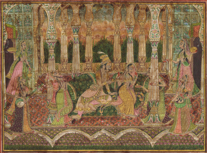 Indian Miniature Painting Of Love Scene Vintage Mewar Art On Paper