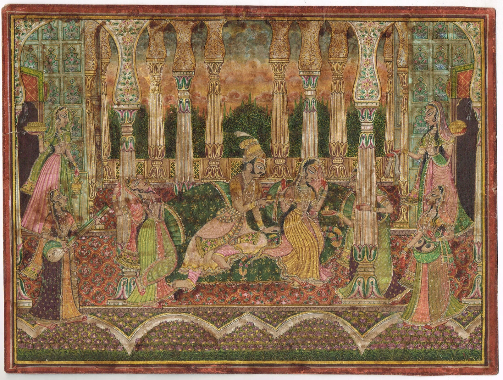 Indian Miniature Painting Of Love Scene Vintage Mewar Art On Paper