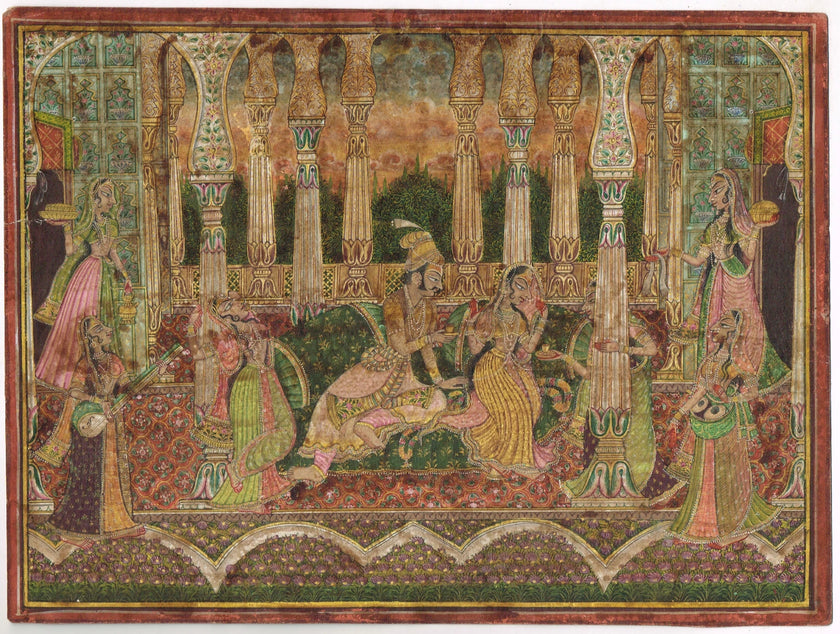 Indian Miniature Painting Of Love Scene Vintage Mewar Art On Paper