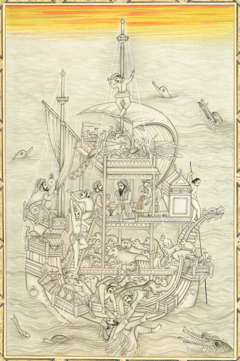 Indian Noah's Ark Of Mughal Era Hand Miniature Fine Art With Border