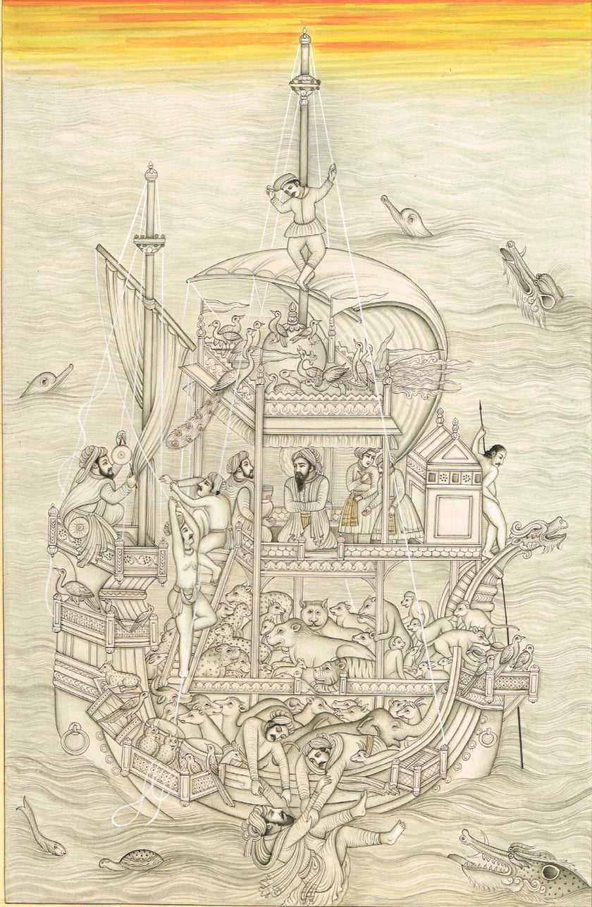 Indian Noah's Ark Of Mughal Era Hand Miniature Fine Art With Border