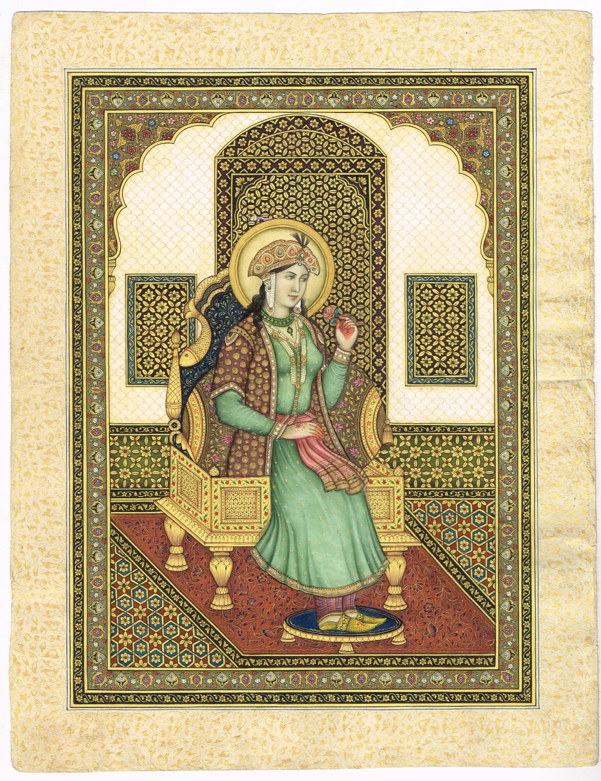 Miniature Portrait Of Mughal Empress Mumtaz Mahal Gouache &Real Gold Artwork