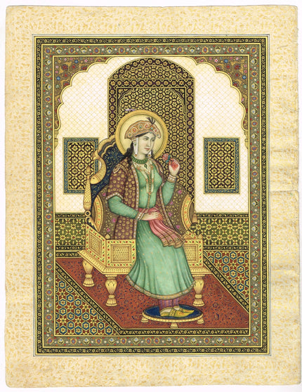 Miniature Portrait Of Mughal Empress Mumtaz Mahal Gouache &Real Gold Artwork
