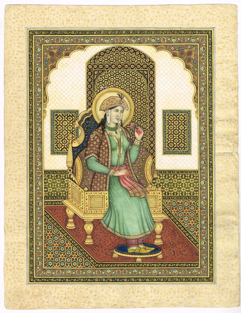 Miniature Portrait Of Mughal Empress Mumtaz Mahal Gouache &Real Gold Artwork