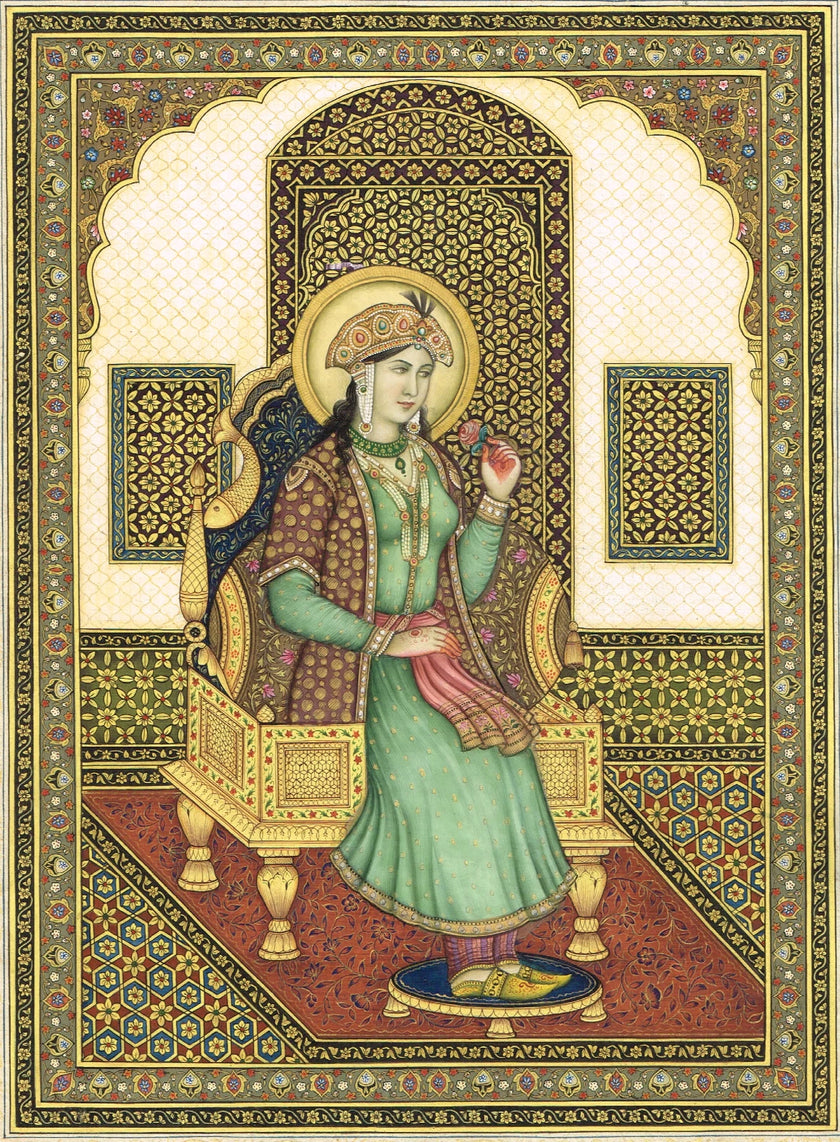 Miniature Portrait Of Mughal Empress Mumtaz Mahal Gouache &Real Gold Artwork