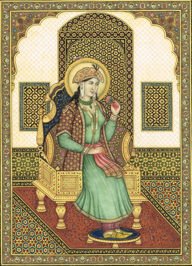 Miniature Portrait Of Mughal Empress Mumtaz Mahal Gouache &Real Gold Artwork