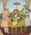 Indian Miniature Painting Of Mughal Emperor Humayun Court With Floral Border
