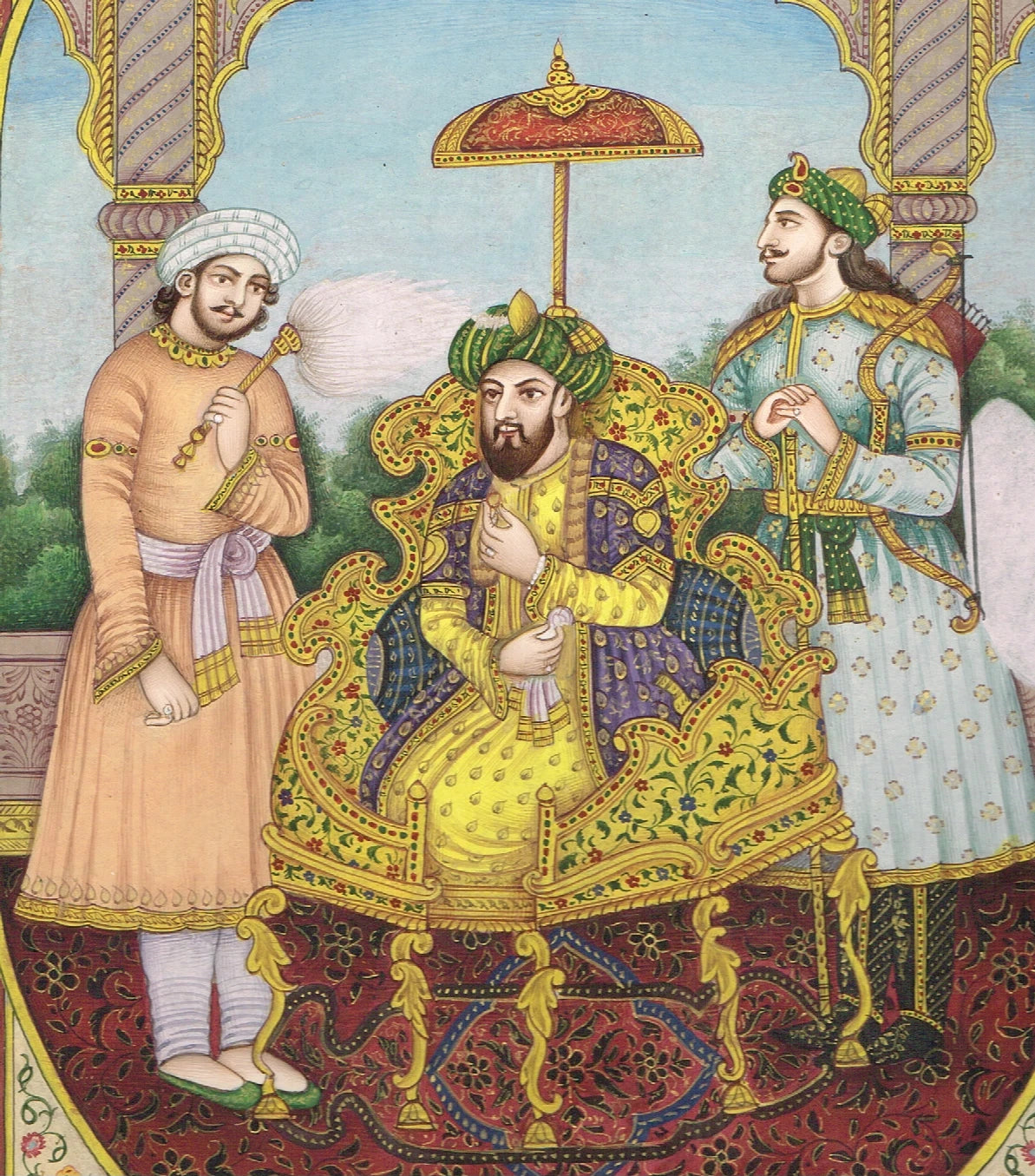Indian Miniature Painting Of Mughal Emperor Humayun Court With Floral Border