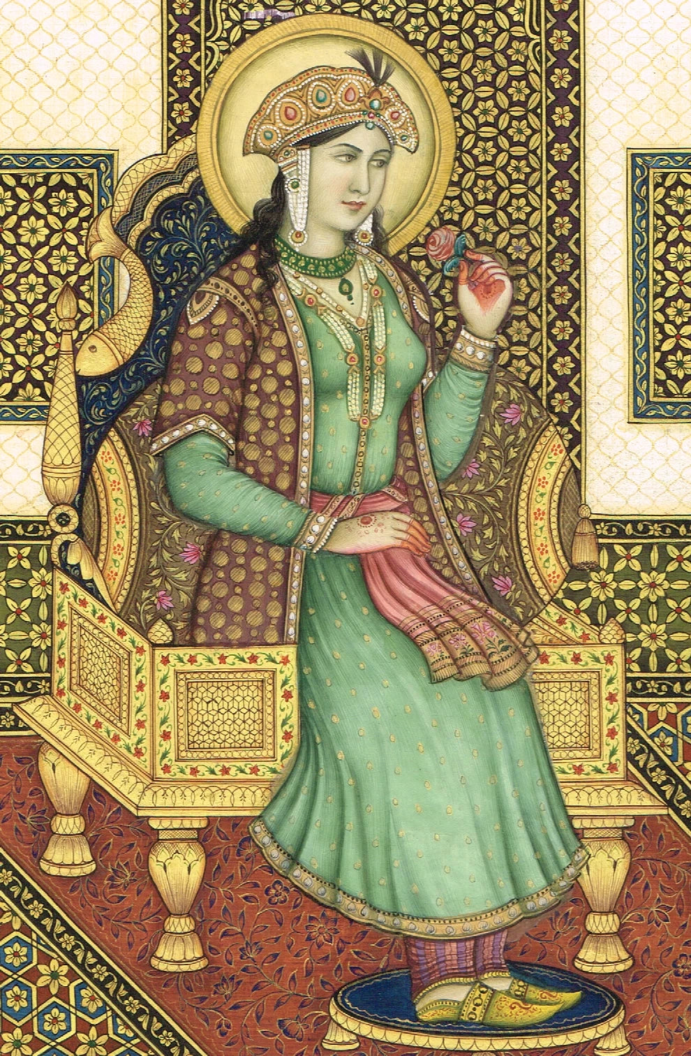 Miniature Portrait Of Mughal Empress Mumtaz Mahal Gouache &Real Gold Artwork