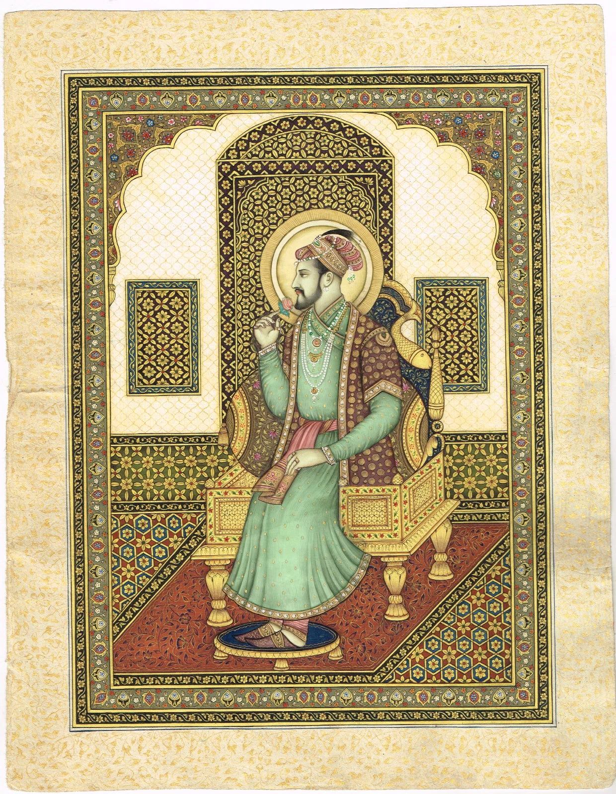 Miniature Portrait Of Mughal Emperor Shahjahan Gouache &Real Gold Artwork