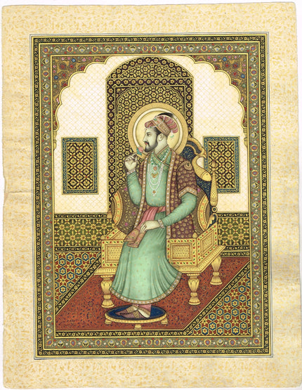 Miniature Portrait Of Mughal Emperor Shahjahan Gouache &Real Gold Artwork