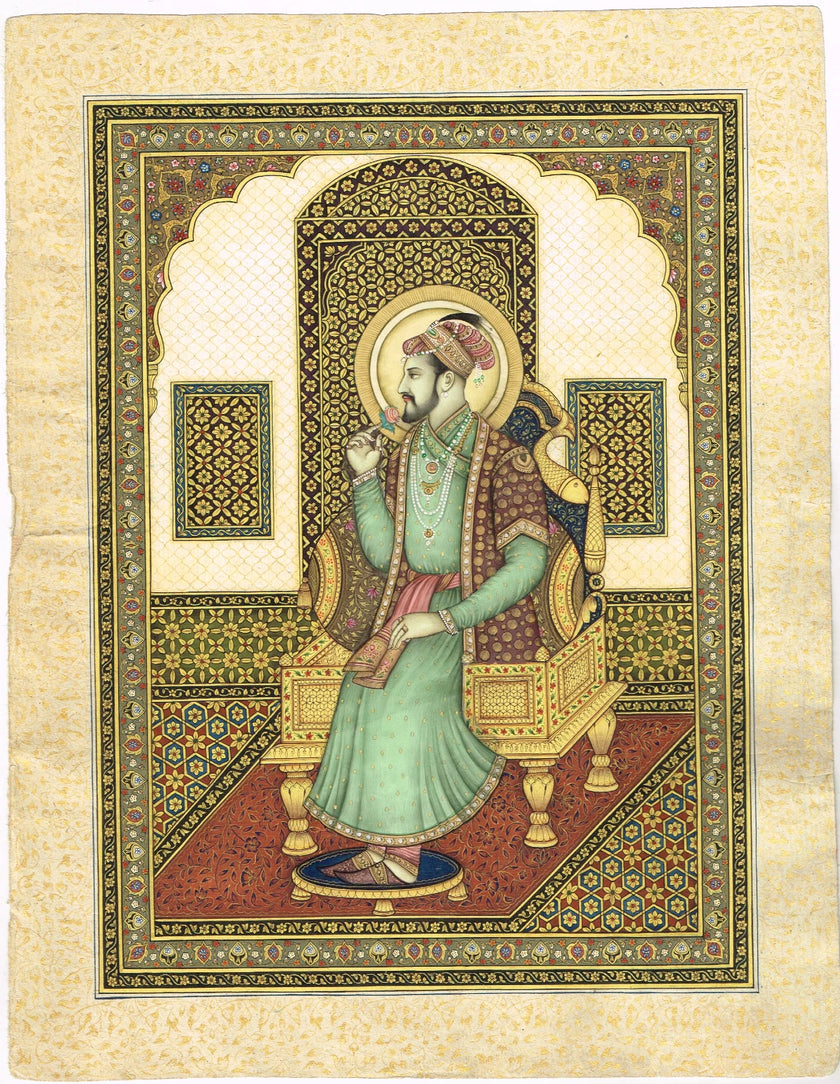 Miniature Portrait Of Mughal Emperor Shahjahan Gouache &Real Gold Artwork
