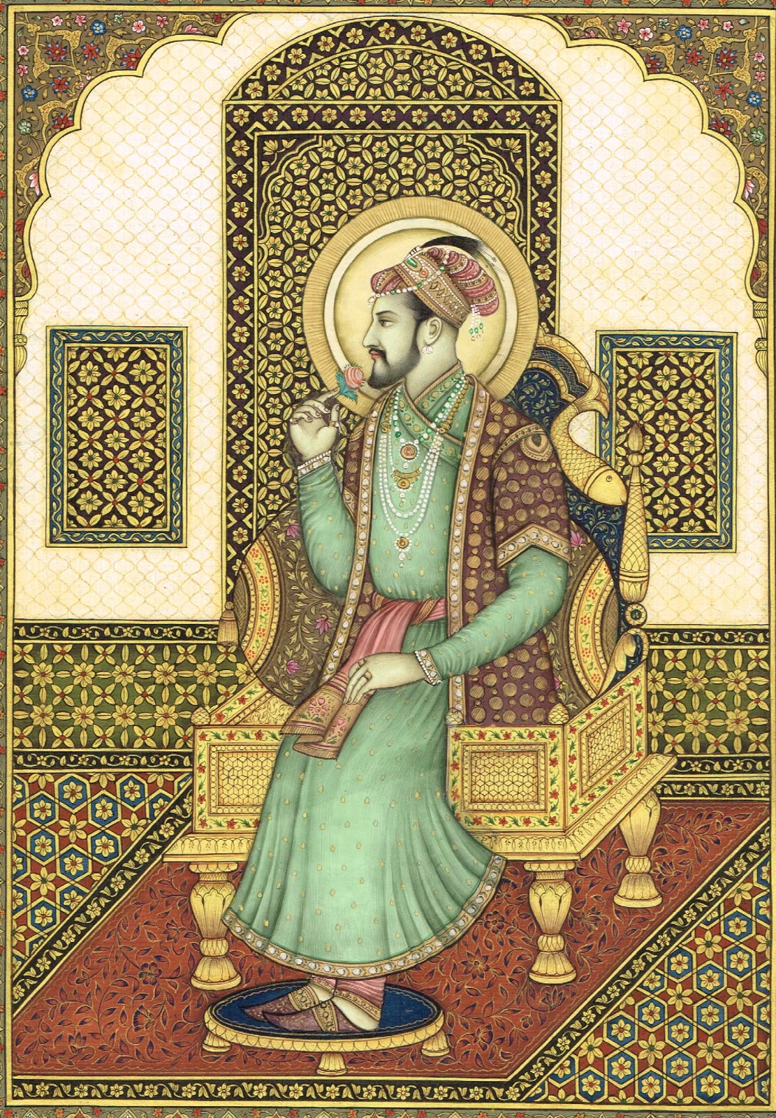 Miniature Portrait Of Mughal Emperor Shahjahan Gouache &Real Gold Artwork