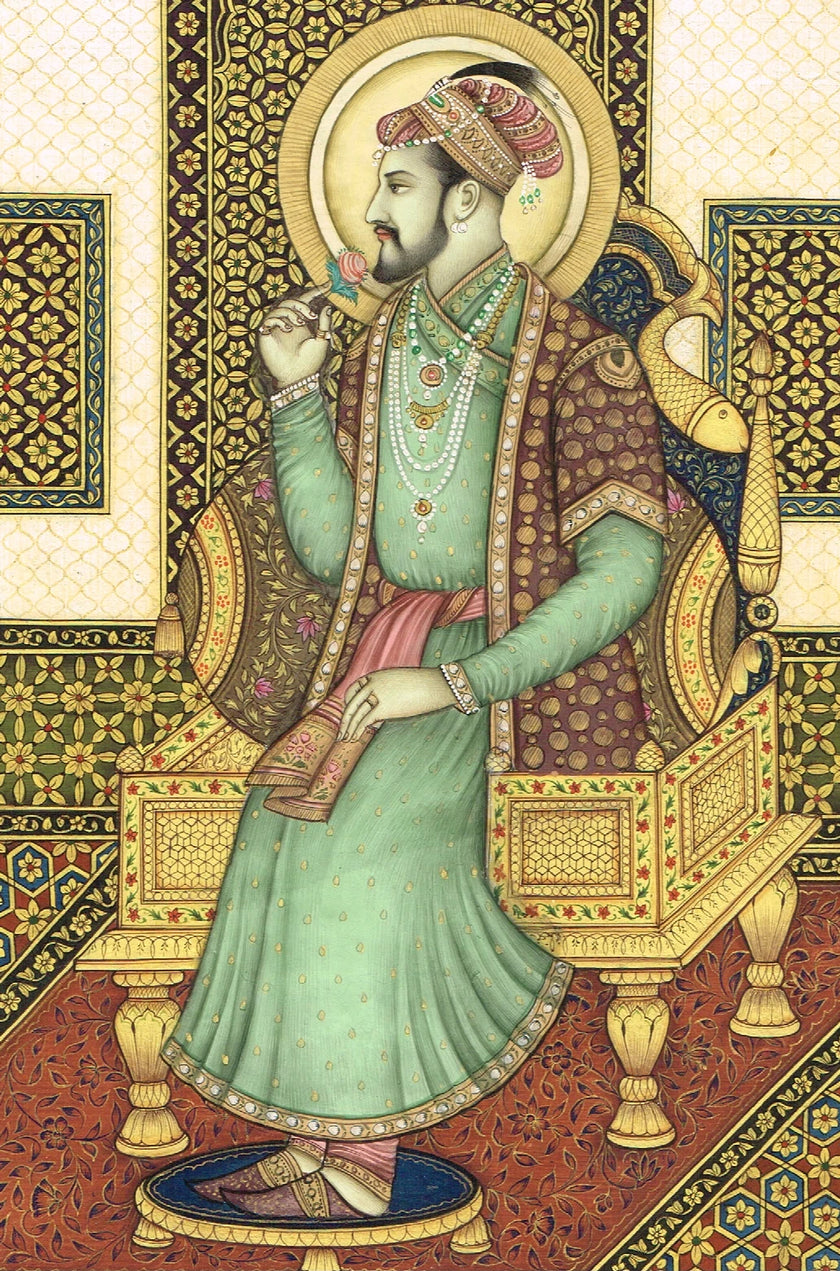 Miniature Portrait Of Mughal Emperor Shahjahan Gouache &Real Gold Artwork