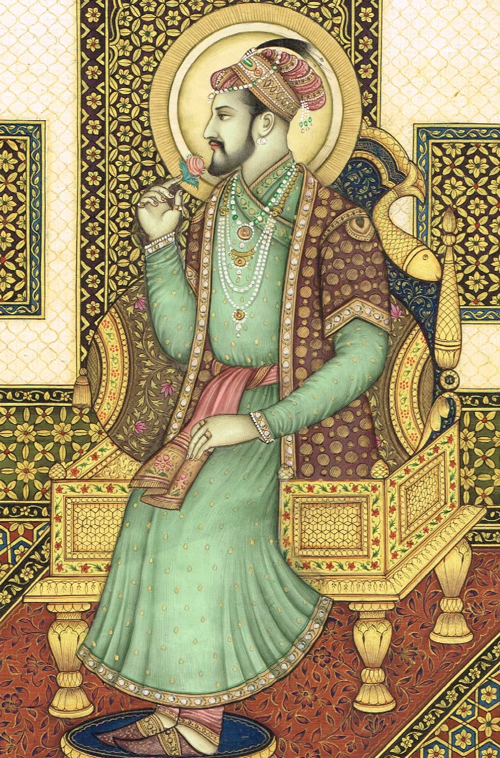 Miniature Portrait Of Mughal Emperor Shahjahan Gouache &Real Gold Artwork