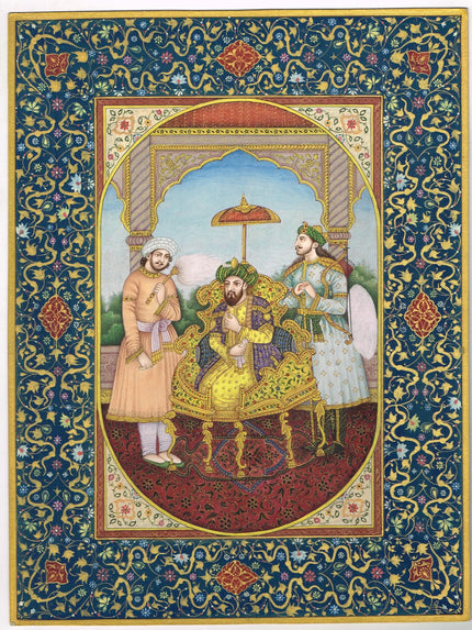 Indian Miniature Painting Of Mughal Emperor Humayun Court With Floral Border