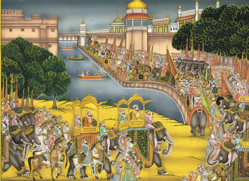 Indian Miniature Painting Of Royal Procession Art And Lake Palace