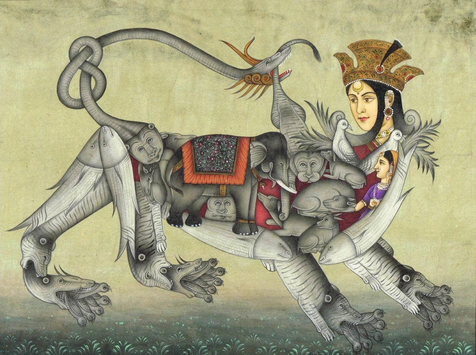 Composite Tiger Of Humans & Animals Having Face Of Queen Painting